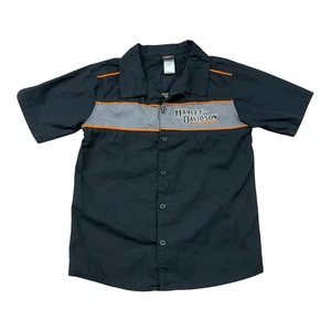 Harley Davidson Garage Button Down Short Sleeve Shirt Logo Boys Kids Size 12/14 - Picture 1 of 6