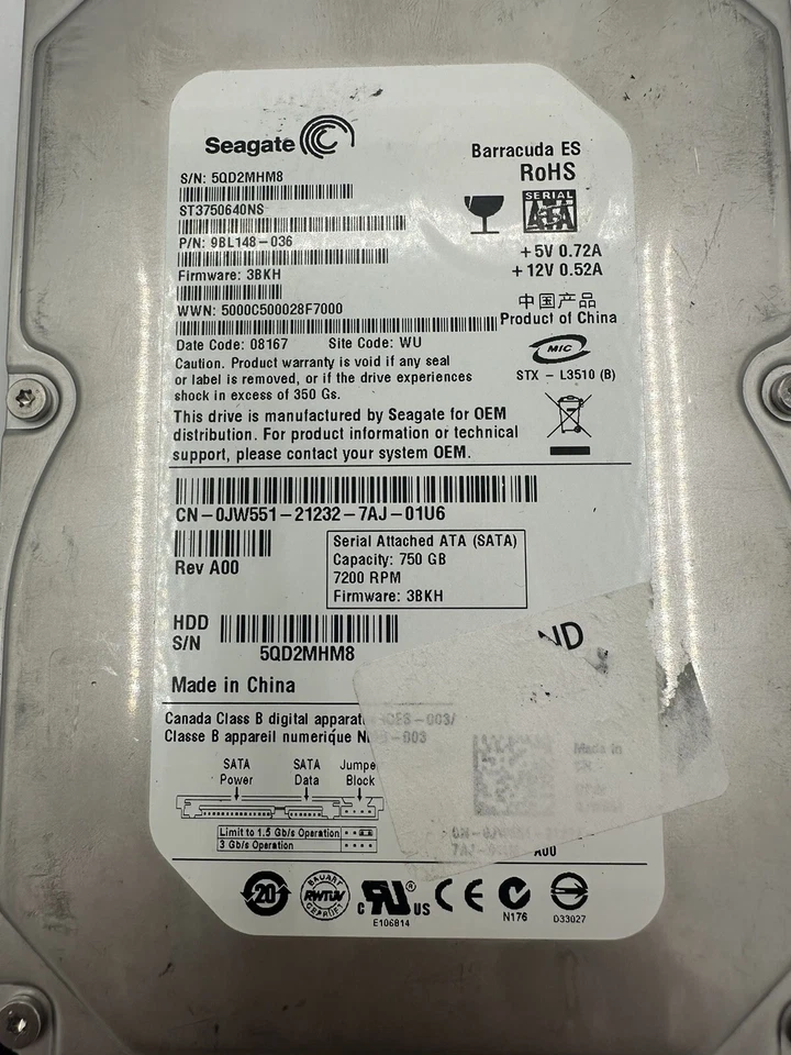 Dell JW551 ST3750640NS 750GB 7.2K 3.5" SATA HDD – Enterprise Storage Drive - Image 1 of 2