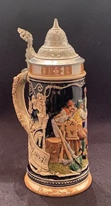 Vintage DEUTSCHER BIERKRUG mit ZINNDECKEL - #2451 - "Trink und Sing - Alles nimm gering" - Bild 1 von 11