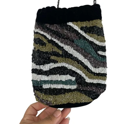 ZARA Velvet Beaded Bucket Bag Safari Zebra Stripes Multi-Color Party Tassel - Image 1 of 4