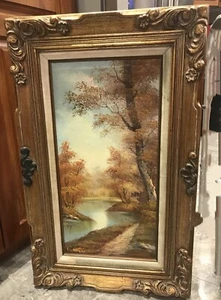 Sgn Irene Cafieri - 20th Century Oil on 24x12" Canvas Trees Water Carved Frame - Picture 1 of 10