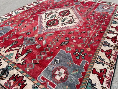 ALFOMBRA ANTIGUA 5x7 hecha a mano DE COLECCIÓN oriental geométrica tribal roja lana vieja real Foto 1 de 4