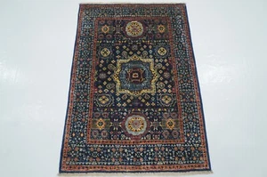 3 x 4 ft Navy Blue Mamluk Afghan Hand Knotted Wool Medallion Small Area Rug - Picture 1 of 13