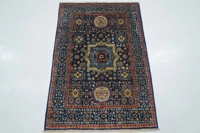 3 x 4 ft Navy Blue Mamluk Afghan Hand Knotted Wool Medallion Small Area Rug - Image 1 of 4
