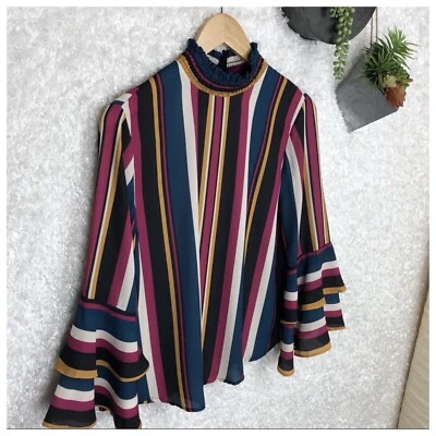 Striped Long Bell Sleeve Top New! Jealous Tomato Mock Neck - Imagem 1 de 4