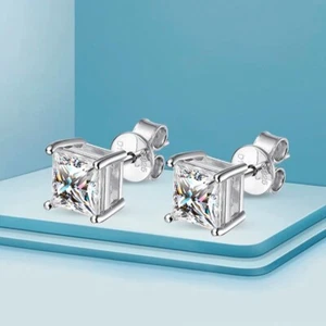 D Color Princess Cut Moissanite Stud Earrings Women Girls 925 Sterling Silver - Picture 1 of 11