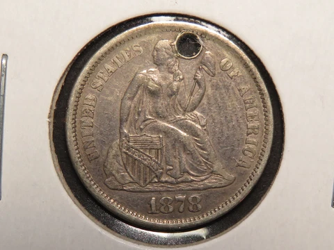 1878-CC Liberty Seated Dime, AU, F-104 Shattered Reverse, Hole Cover