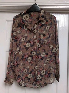 New Look Ladies Sheer Floral Blouse/Shirt 10 Preowned Taupe/Grey - Picture 1 of 2