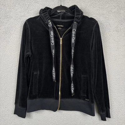 Calvin Klein Hoodie Womens M Black Velour Full Zip Y2K Lounge Track Jacket Hood - Image 1 of 4