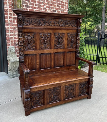 Antique French Bench Chair Settee Hall Bench Trunk Renaissance Revival Oak 19thC Cover