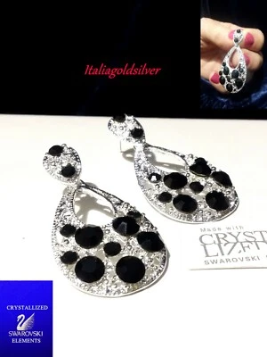 Orecchini Donna Pendenti Argento SWAROVSKI ORIGINALI Gioielli Ragazza Sposa Nero - Immagine 1 di 4