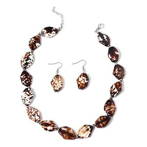 LEOPARD AGATE, 357.00 CTS, STAINLESS STEEL, DROP EARRINGS AND 19 IN. NECKLACE
