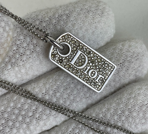 Collana Christian Dior targhetta cane catena y2k adulto unisex argento cristallo vintage