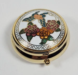 Vintage Round Shape Cloisonne Pill/Trinket Box Flowers. Gold Tone Pocket 1.5" W - Picture 1 of 5