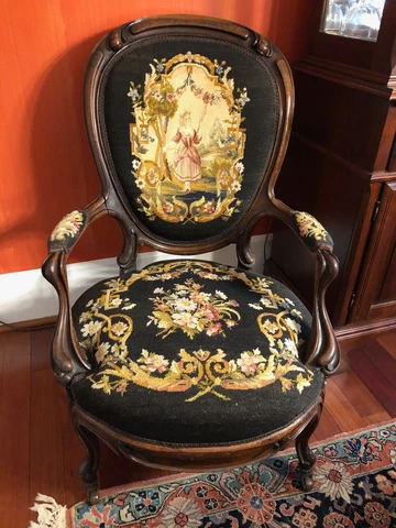 Vintage Victorian Carved Walnut Needlepoint Ladies Parlor Armchair, circa 1800’s Cover