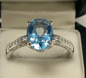 2Ct LabCreated Blue Topaz Solitaire Engagement Ring 14K White Gold Plated Silver - Picture 1 of 16