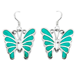 Hand Carved 6.69gms Fine Green Turquoise Enamel Silver Butterfly Earrings C2563