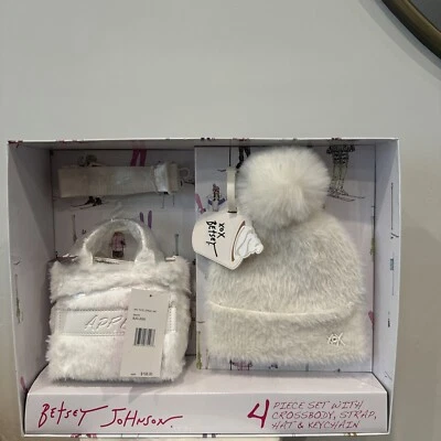 Betsy Johnson Cartera Regalo Caja 4 Piezas Bandolera Bolso de Mano Piel Blanca CONJUNTO SOMBRERO Foto 1 de 4