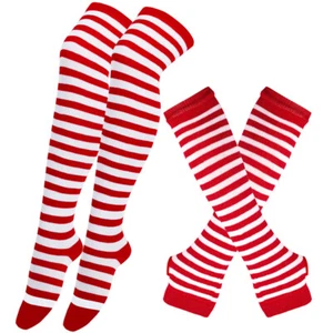 Striped Knee Thigh High Socks Arm Warmer Fingerless Long Gloves Stockings Set - Picture 1 of 21