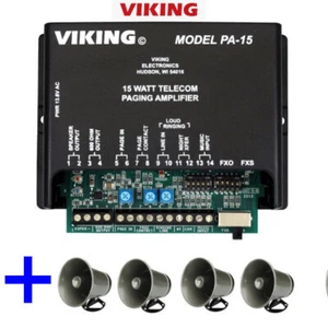 Sistema amplificador de paginación Viking PA-15 y timbre fuerte + paquete de bocinas de 4 25AE 8 ohmios - Imagen 1 de 3