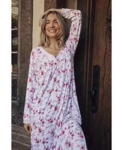 Eileen West Long Sleeve Rose Multi Floral Soft Sweater Knit Ballet Nightgown L - Picture 1 of 7