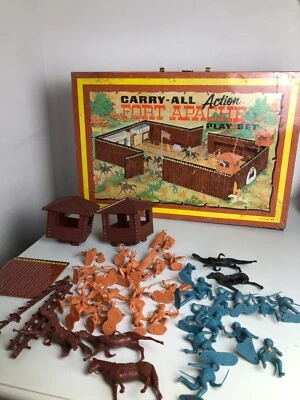 VIntage 1968 Marx Fort Apache Tin Litho Carry-All Play Set #4685 w/ Accessories - Image 1 of 4