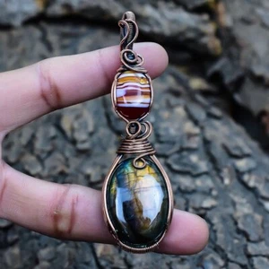 Labradorite, Banded Agate Copper Wire Wrapped Gemstone Pendant 3.3" PCRB14 - Picture 1 of 3