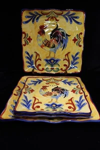 YELLOW TALAVERA ROOSTER 2 SQUARE PLATE 11 1/2 & 2 SQUARE PLATES 8 7/8 HAND PAINT - Picture 1 of 13