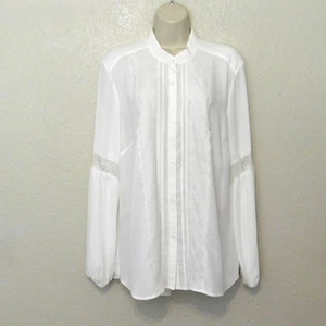 Libby Edelman Blouse XL Ivory Off-White Lace Trim Long Sleeve BoHo - Picture 1 of 10