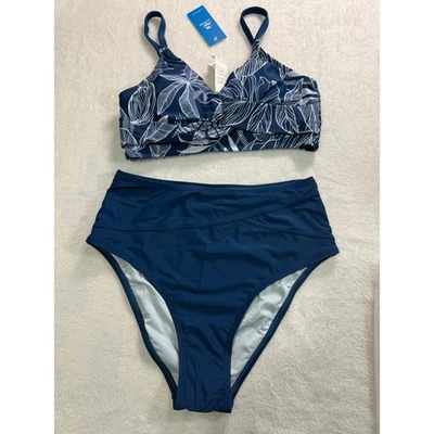 Conjunto de bikini CUPSHE azul marino blanco estampado de hojas tropicales cintura alta traje de baño talla S Foto 1 de 4
