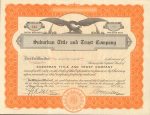 Suburban Title and Trust Company 1929 Upper Darby Pennsylvania Aktienzertifikat - Bild 1 von 1