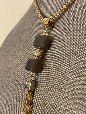 CASA BLANCA MERCADO NEGRO Borla Declaración Collar Cadena Dorada Gris Ágata Cubos Foto 1 de 4