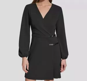 DKNY Women's Black Long Sleeves Pleated Surplice Dress Size 8 - Picture 1 of 3