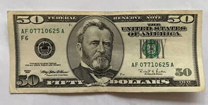 1996 Series $50 FRN F6 District, S# AF 07710625 A - Picture 1 of 2