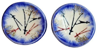 Vtg Round Ceramic Hand Painted Oriental Pattern Clip On Costume Fashion Earrings - Image 1 of 4