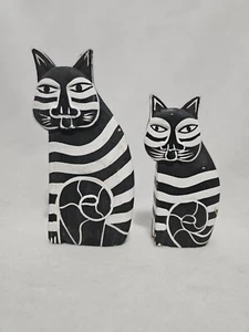 Laura Burch Hand Carved Hand Painted Wooden Cat Figurines Folk Art Set of 2 - Picture 1 of 10