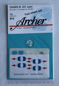 Archer 1/35 Char B 221 Lyon (2. Abschnitt, 1.Kom. 15e BBC) Tankmarkierungen AR35220 - Bild 1 von 1