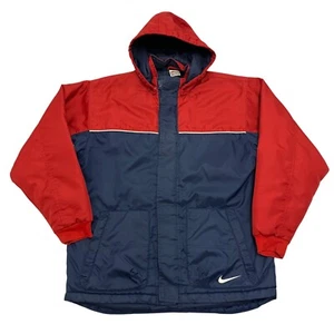 Vintage Nike Jacket 90s Quilt Lined Blue Red Boys XL Hooded Full Zip Sports - Picture 1 of 16
