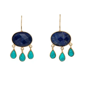 Vintage Look Handmade Lapis Lazuli &Turquoise 18k Gold Plated Earrings Gift - Picture 1 of 3