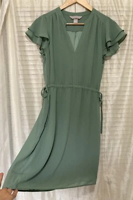 H&M Women’s Dress Size XS Green Chiffon Flutter Sleeves V-Neck Waisted - Image 1 of 4