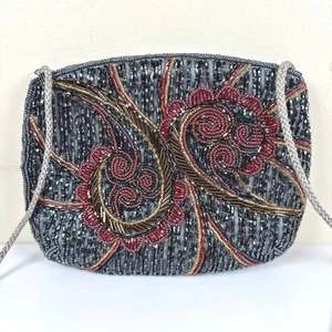 Bolso de Noche Vintage Carla Marchi Con Cuentas Hecho a Mano Gris Rojo Dorado Art Deco Glamour - Imagen 1 de 11