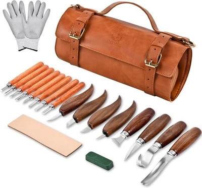 Deluxe Wood Carving Kit - 21Pcs Wood Carving Tools with Leather Storage Bag - - Image 1 of 4