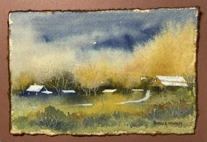 Pamela Wilhelm 4”X6” Original Watercolor On Tea Stained Paper Autumn Trees Barn - Picture 1 of 2
