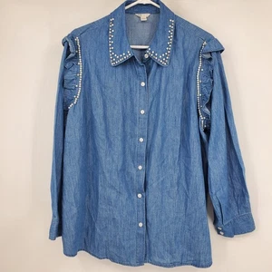 Camisa con Volantes Cato Azul Cambray Botón Frontal Western Glam Vaquera Nashville 18/ - Imagen 1 de 11