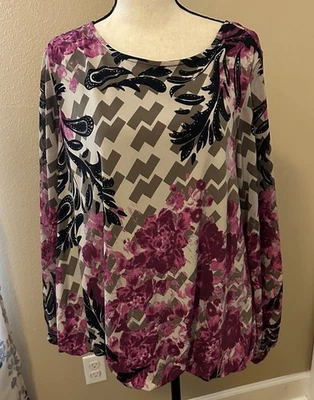 Alfani Womans Plus Pink Black Taupe Bubble Hem Long Sleeve Blouse Sz 1X - Image 1 of 4