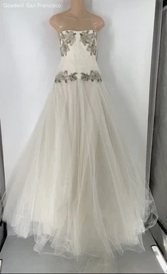 Marchesa White Silk Floral Beaded Strapless Wedding Gown Womens Dress Size 10 - Image 1 of 4