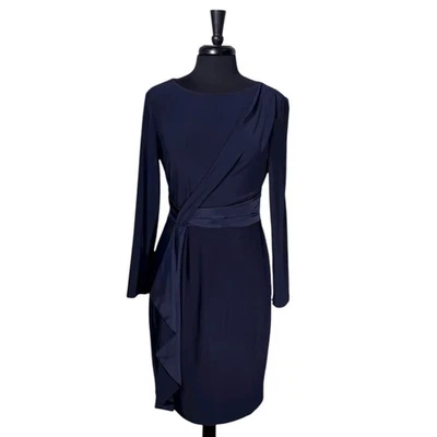 Ralph Lauren Womens Dress 10P Navy Blue Stretch Satin Ruffle Sheath Party Formal - Image 1 of 4