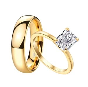 Vintage Gold Emerald Cut And Diamond Ring Wedding Engagement Couples Rings - Picture 1 of 5