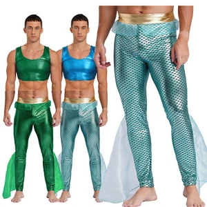 UK Mens Mermaid Sea God Dress-Up Shiny Fishscale Tights Pants /Crop Top Costume - Picture 1 of 52