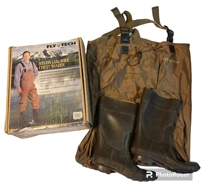FLY TECH WADERS AND ACCESSORIES Nylon Lug Sole Chest Wader Inside Pockets SZ 8 - Image 1 of 4